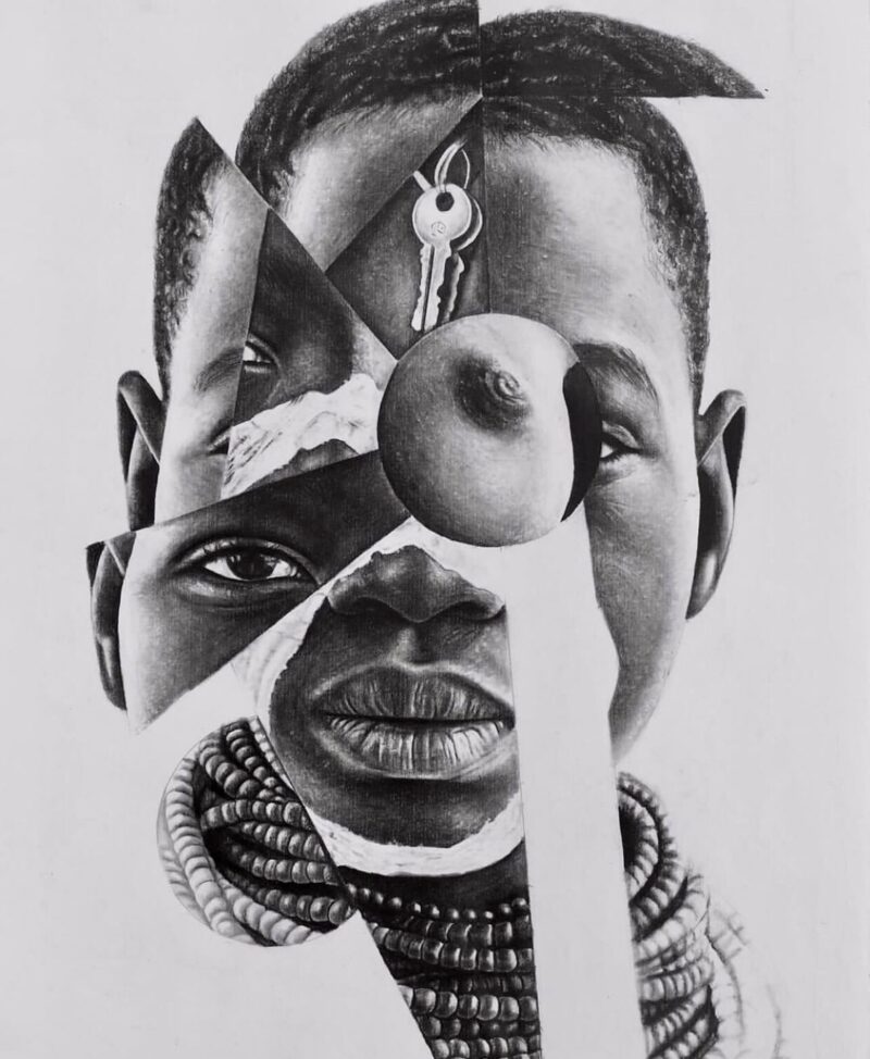 Fragmented graphite portrait of a young person with traditional Botswana jewelry.